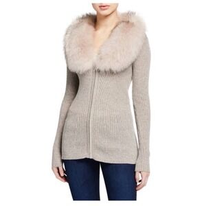 Neiman Marcus Cardigan Gray Cashmere Fox Fur Collar Metallic Ribbed Knit Sweater